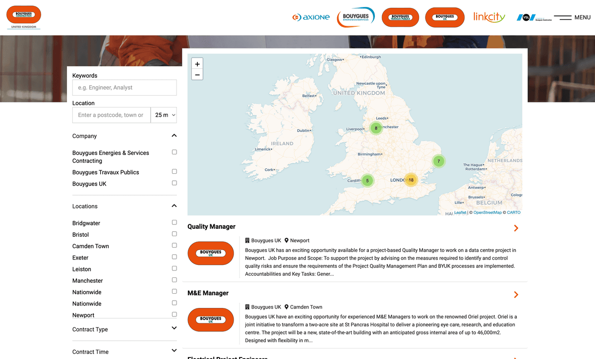 A screenshot of the Bouygues Construction UK career site