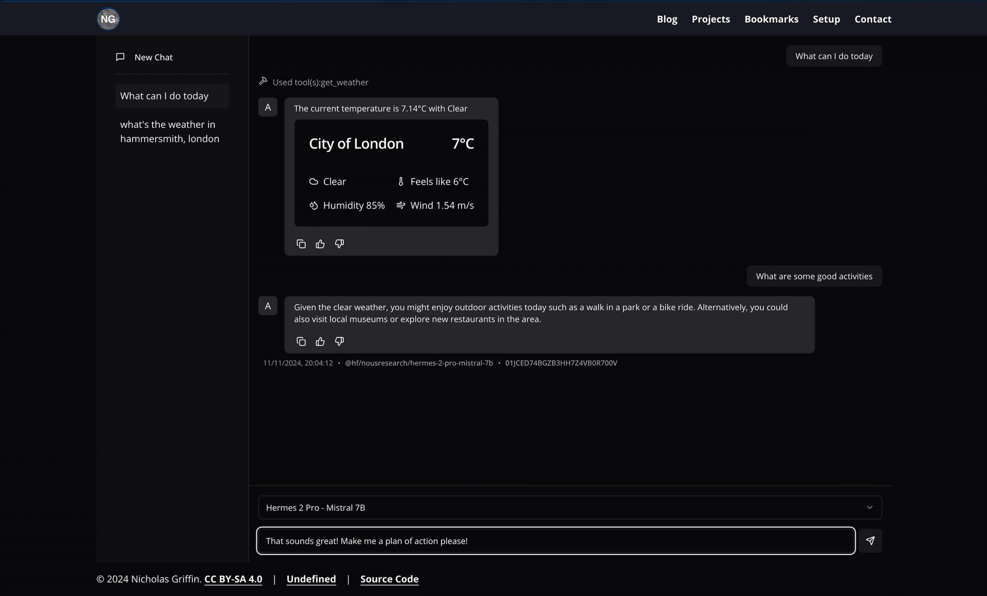 A screenshot of the chat interface that I built for my AI assistant